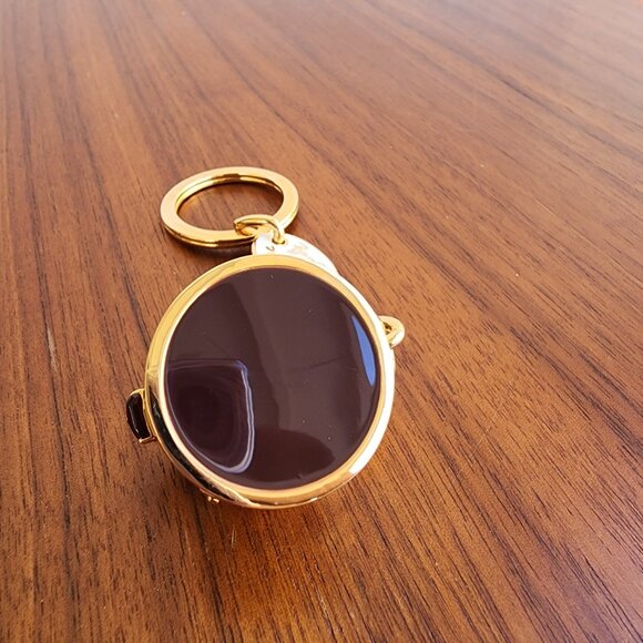 NWOT Henri Bendel Hat Box Keychain Goldtone Stripes Polka Dot Bow w/Dust Bag - Picture 8 of 8